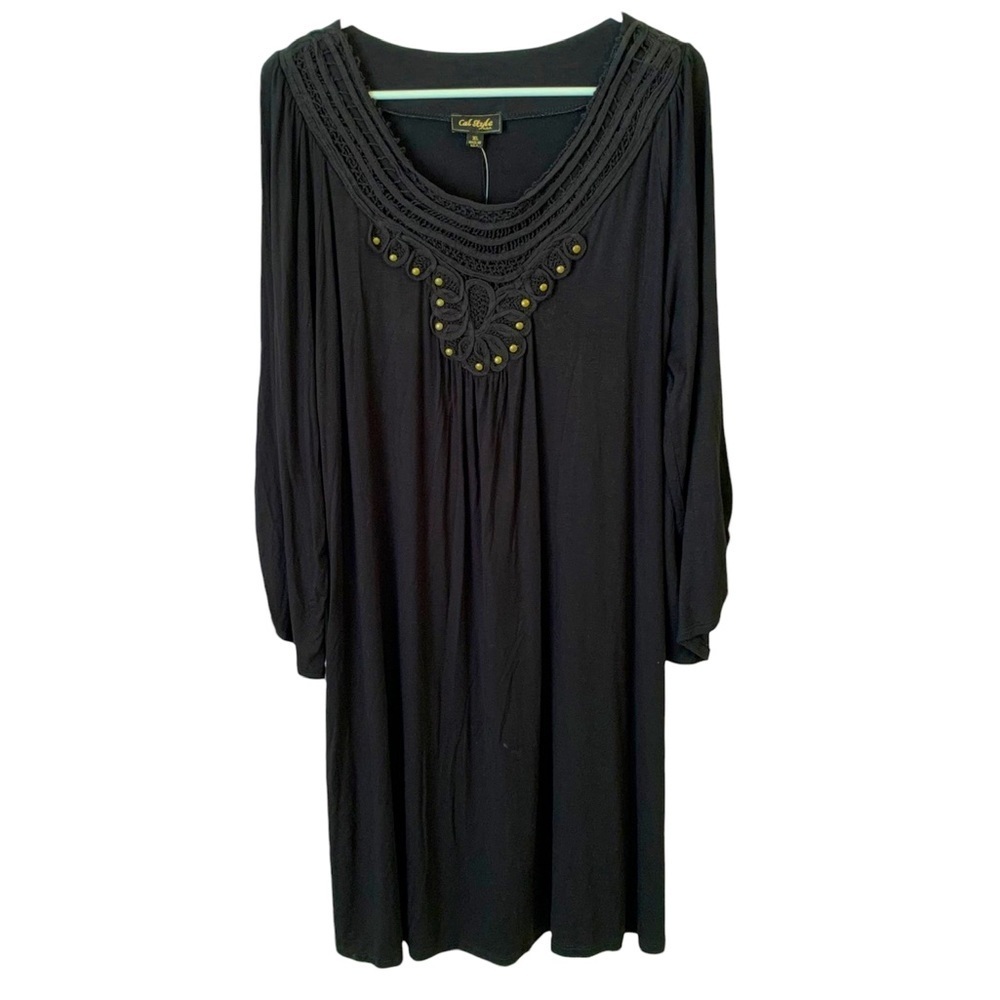 Cal Style | XL | Black Long Sleeve Dress with Crochet Trim & Metallic Rivets